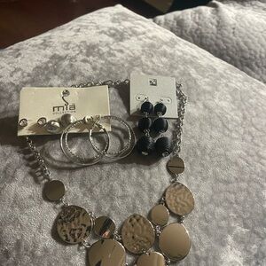 MIA Silver Earrings, Black drop earrings, and a Silver necklace